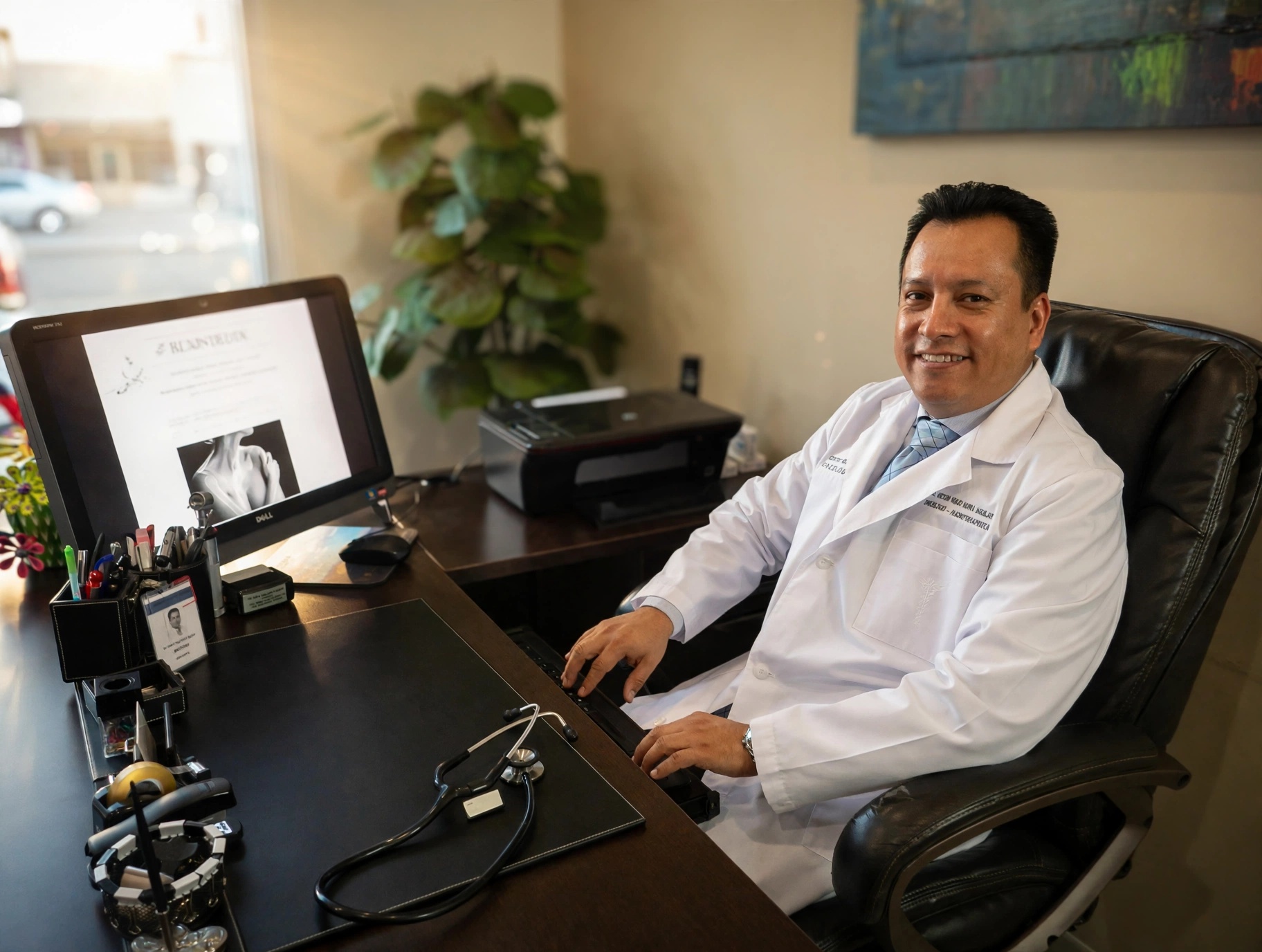 Dr. Mora sentado en su consultorio